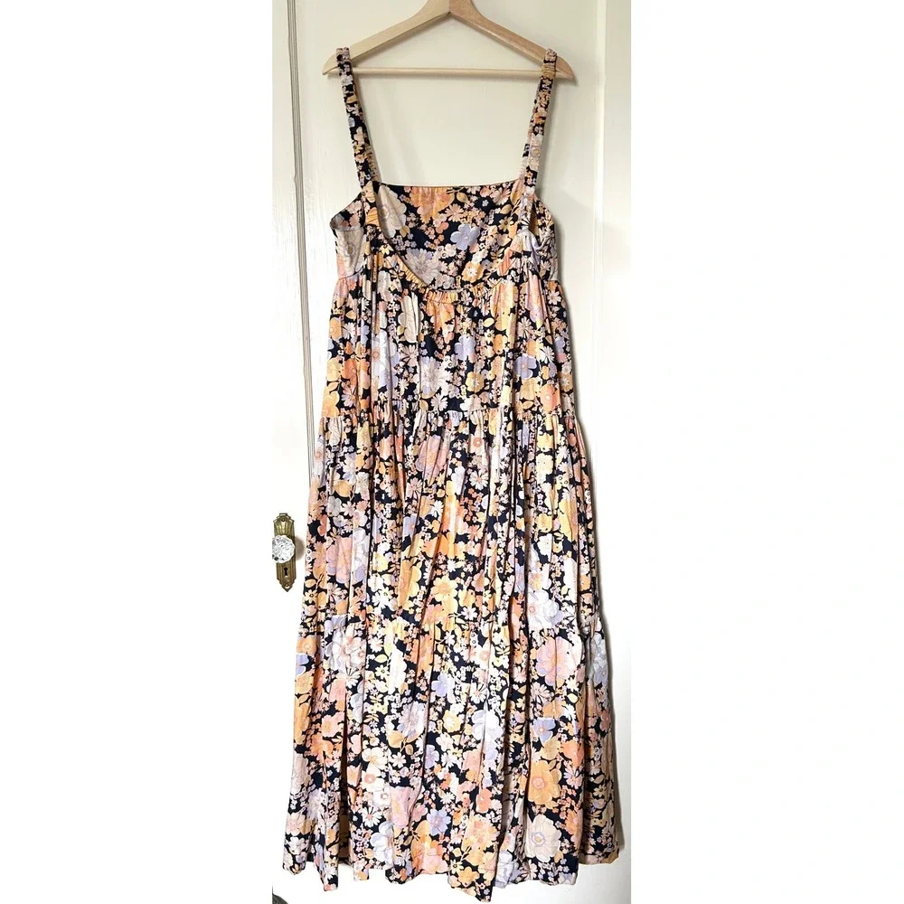 Free People Park Slope Floral Cotton Maxi Dress Navy Combo M Summer Vacation